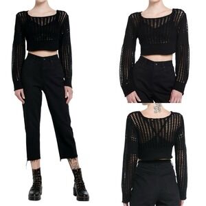 Hot Topic Juniors Black Open Knit Crop Top Size Large